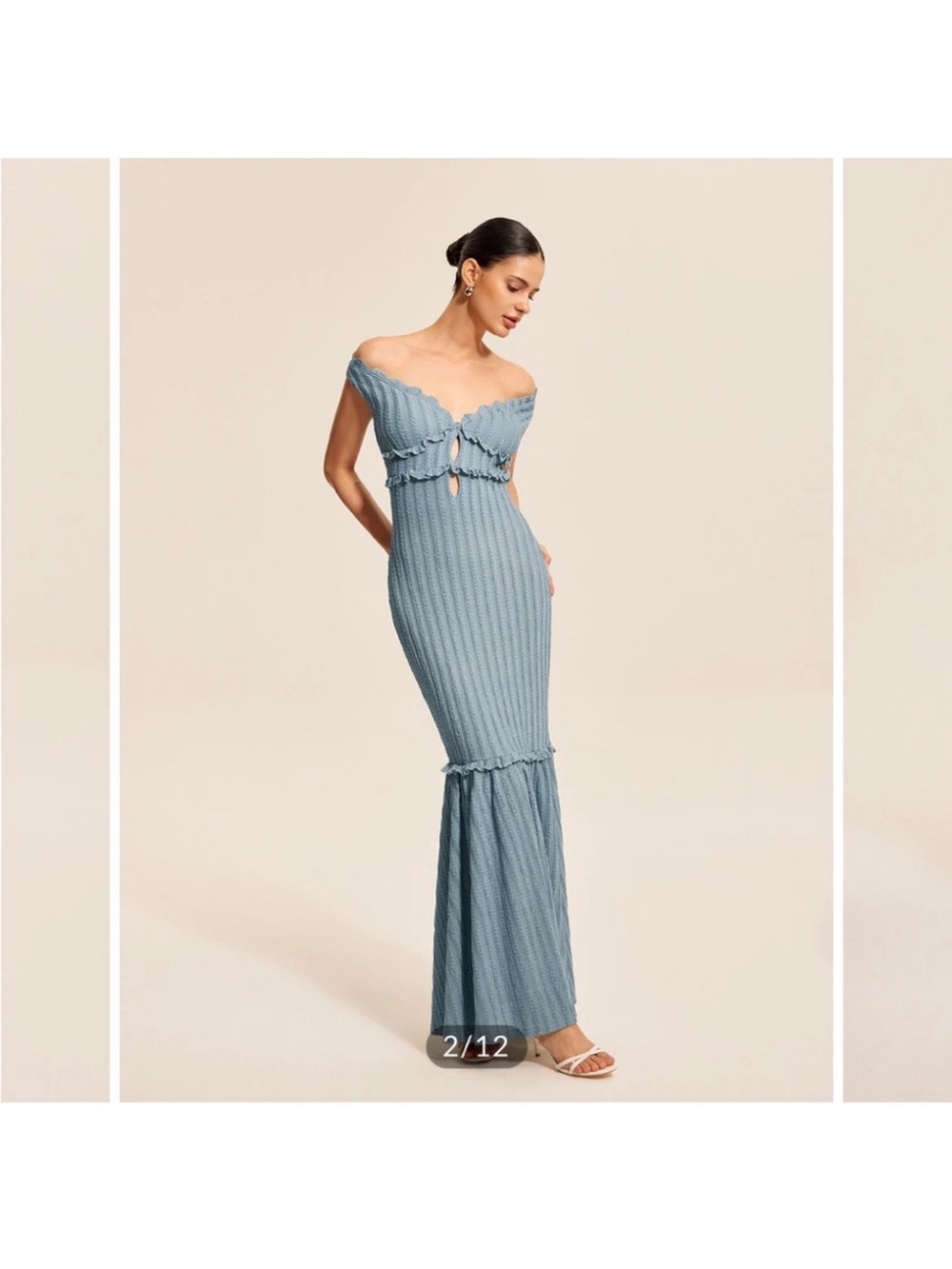 Commense Dusty Blue Off-Shoulder Ribbed Maxi Dress
